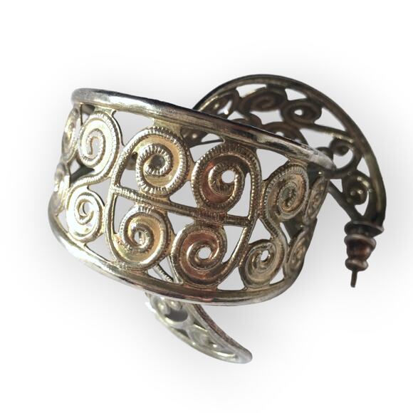 Antiqued silver tone elaborate spiral semi-hoop earrings - Picture 1 of 9